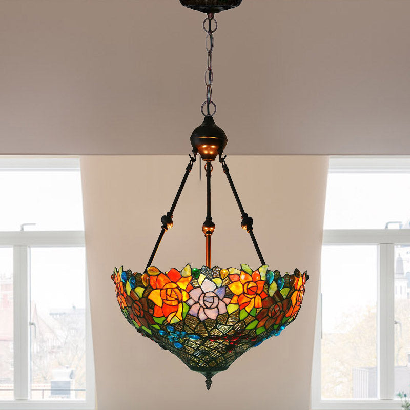 3 Lights Chandelier Pendant Light Mediterranean Flower Stained Art Glass Hanging Lamp in Red/Orange/Green