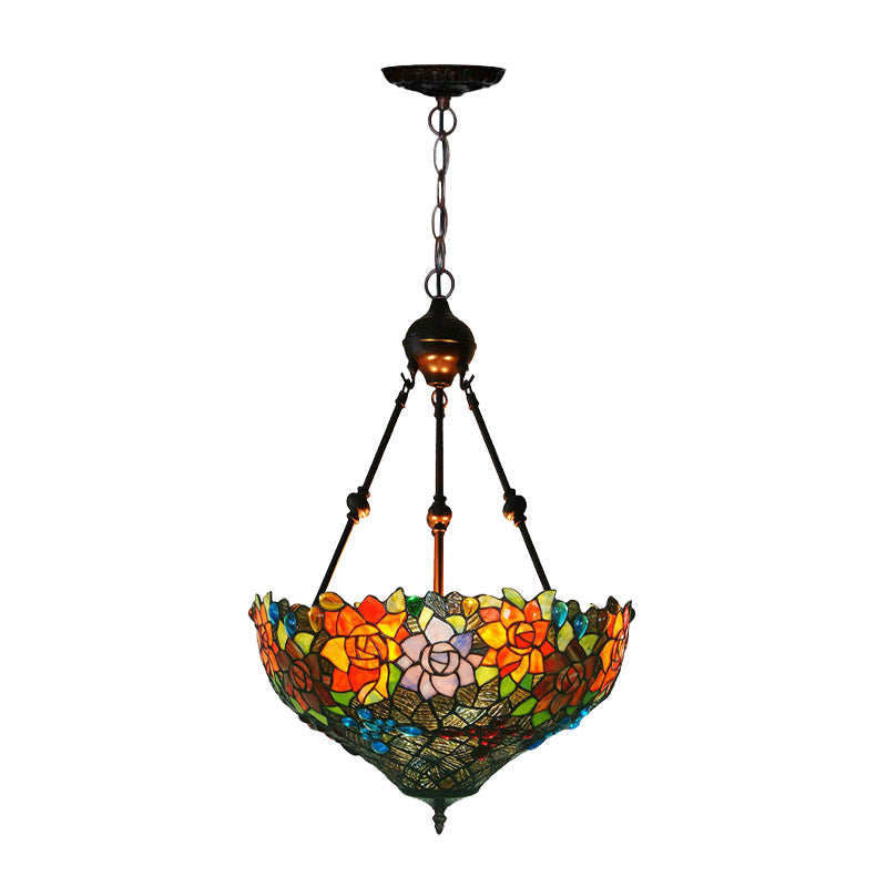 3 Lights Chandelier Pendant Light Mediterranean Flower Stained Art Glass Hanging Lamp in Red/Orange/Green