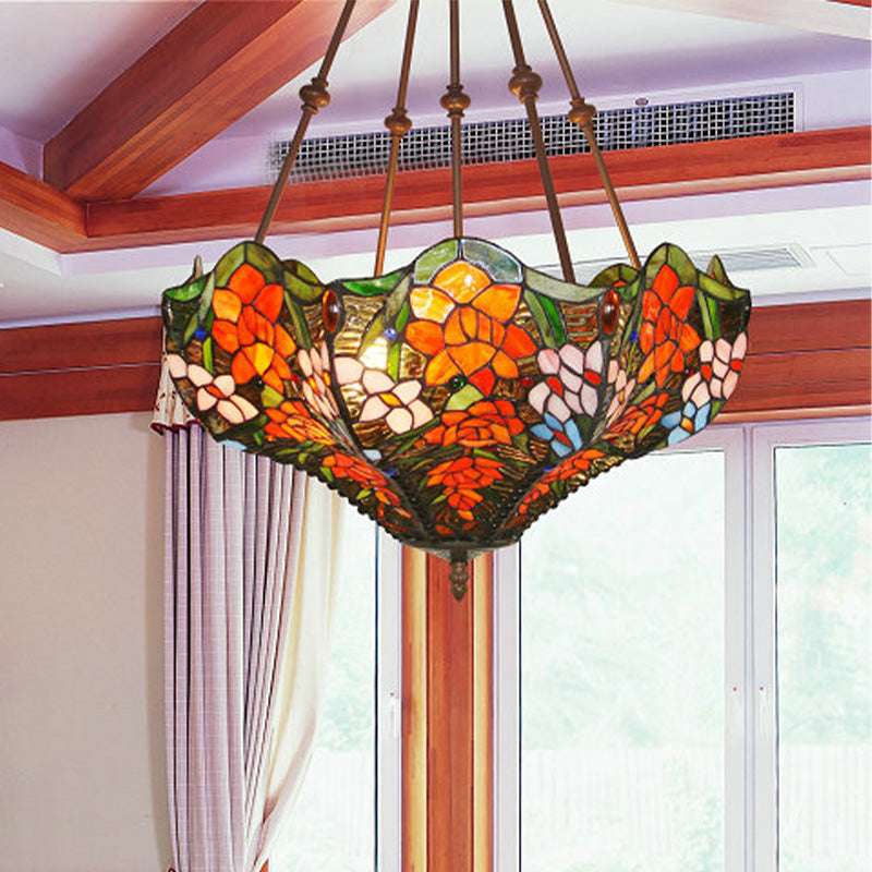 3 Lights Chandelier Pendant Light Mediterranean Flower Stained Art Glass Hanging Lamp in Red/Orange/Green