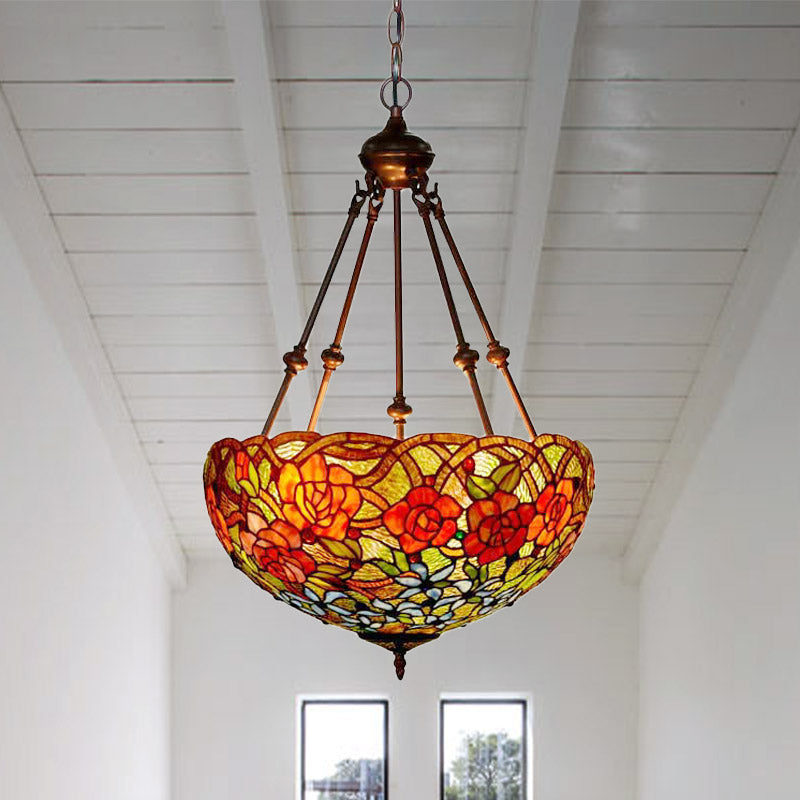 3 Lights Chandelier Pendant Light Mediterranean Flower Stained Art Glass Hanging Lamp in Red/Orange/Green