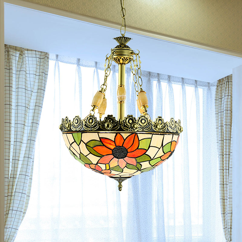 Tiffany Sunflower/Rose Chandelier 3/4 Lights Stained Art Glass Pendant Light Kit in Red/Green for Bedroom