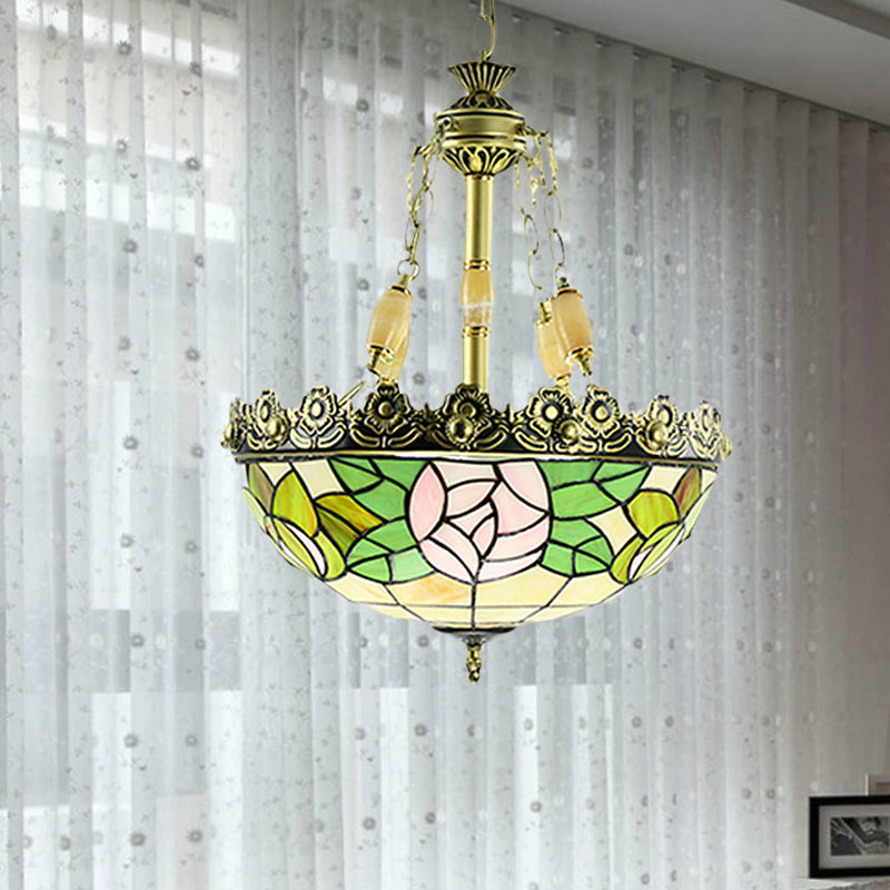 Tiffany Sunflower/Rose Chandelier 3/4 Lights Stained Art Glass Pendant Light Kit in Red/Green for Bedroom
