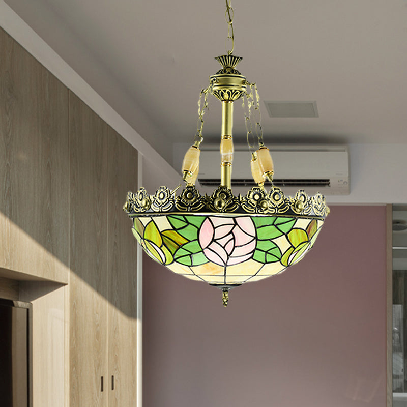 Tiffany Sunflower/Rose Chandelier 3/4 Lights Stained Art Glass Pendant Light Kit in Red/Green for Bedroom