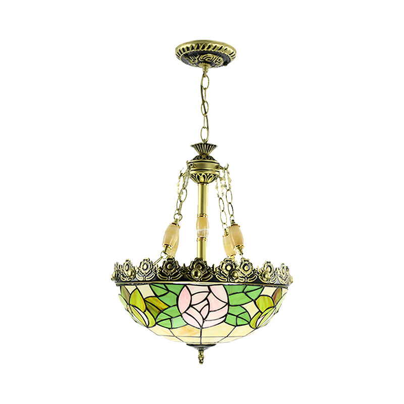 Tiffany Sunflower/Rose Chandelier 3/4 Lights Stained Art Glass Pendant Light Kit in Red/Green for Bedroom