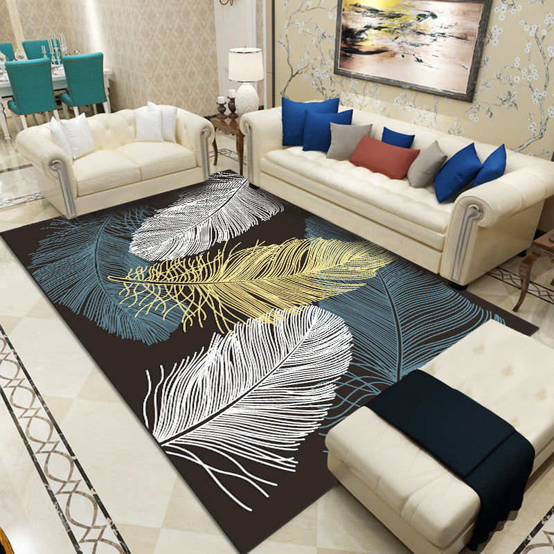 Tapis d'intérieur Simple de couleur unie, en Polyester, imprimé de plumes, avec support antidérapant, pour la décoration de la maison