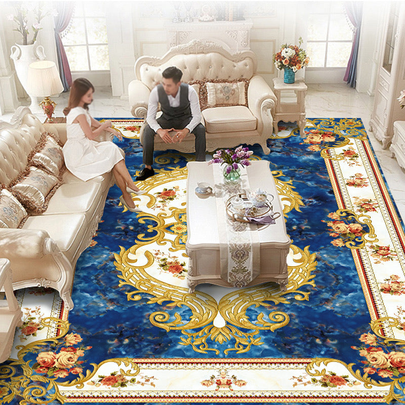 Luxurious Marble Surface Rug Decorative Floral Print Carpet Non-Slip Backing Rug for Living Room
