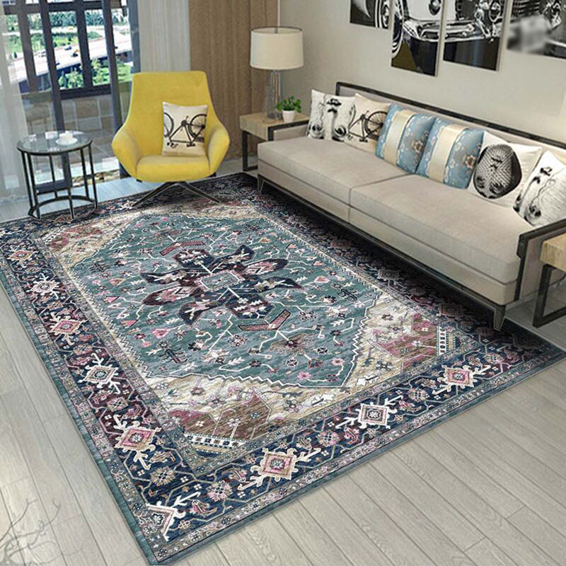 Vintage Indoor Room Area Rug Black Medallion Carpet Polyester Non-Split Area Carpet