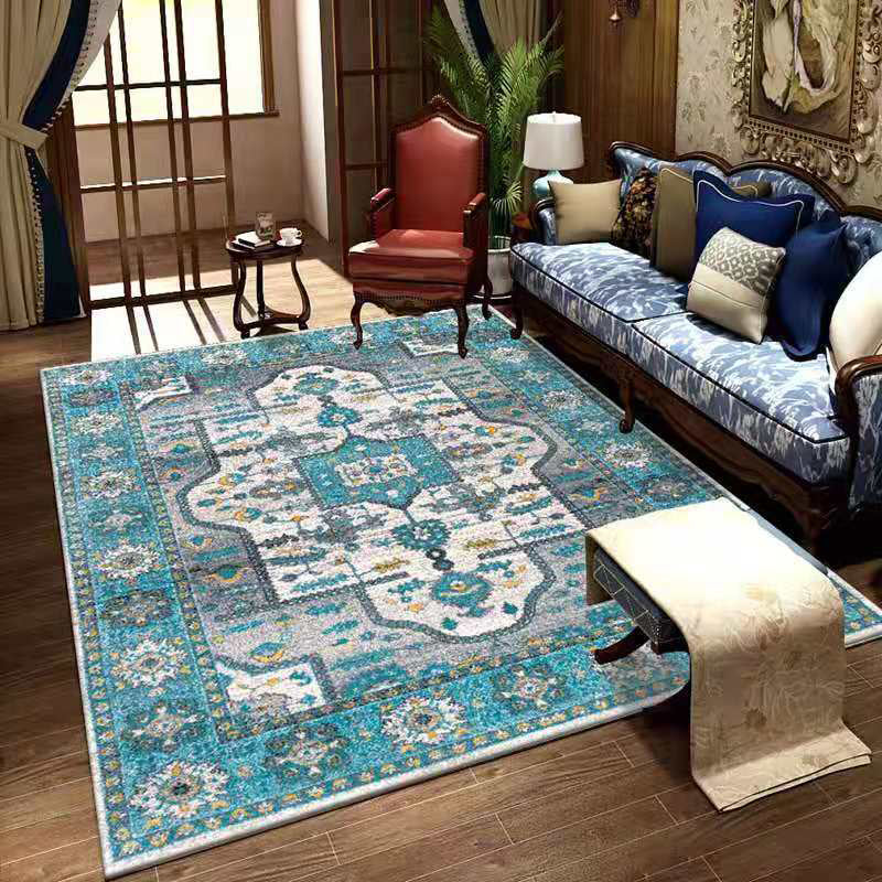Red Retro Indoor Carpet Polyester Medallion Rug Non-Split Backing Carpet for Living Room