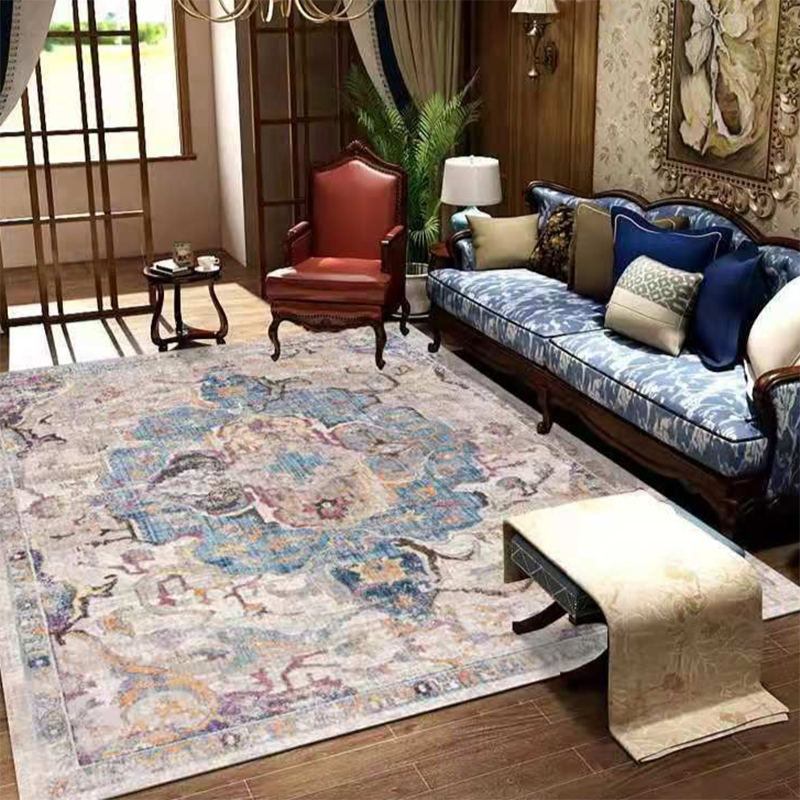 Red Retro Indoor Carpet Polyester Medallion Rug Non-Split Backing Carpet for Living Room