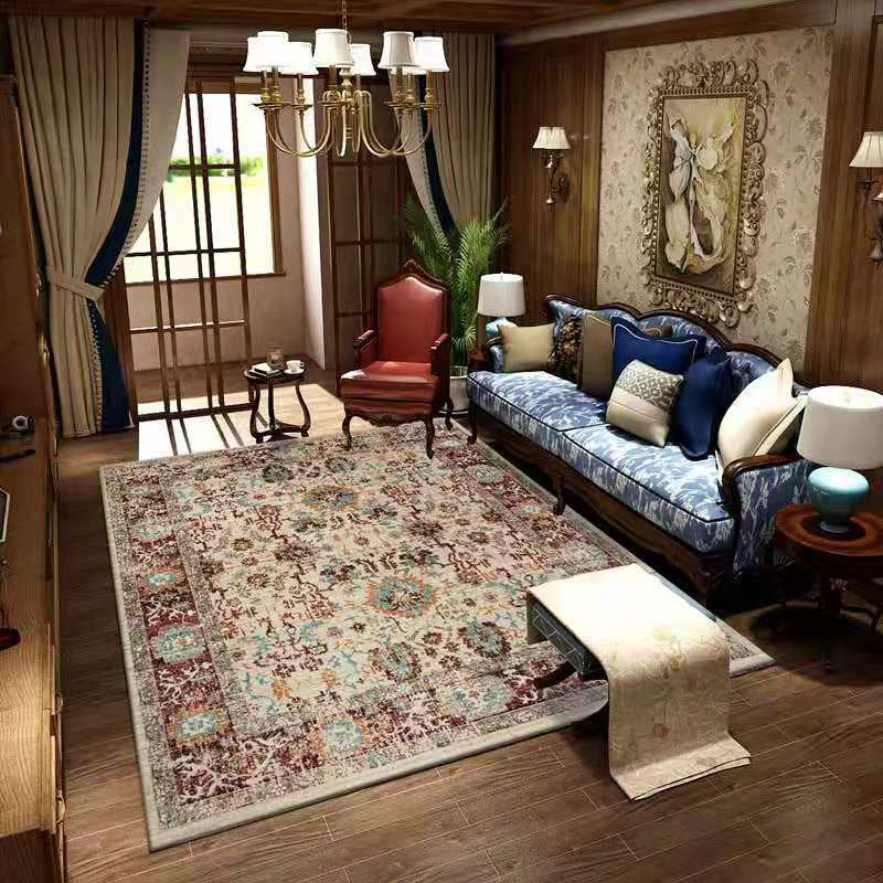 Red Retro Indoor Carpet Polyester Medallion Rug Non-Split Backing Carpet for Living Room