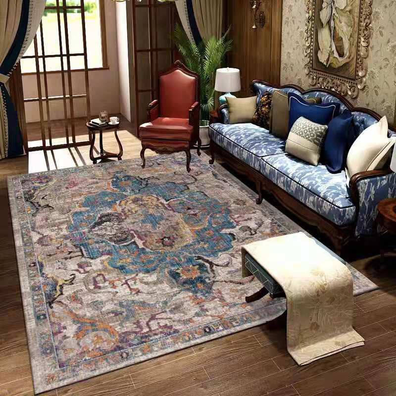 Red Retro Indoor Carpet Polyester Medallion Rug Non-Split Backing Carpet for Living Room