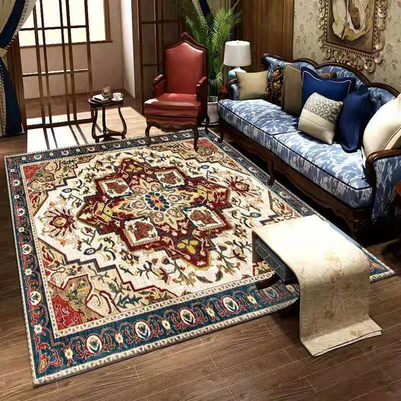 Red Retro Indoor Carpet Polyester Medallion Rug Non-Split Backing Carpet for Living Room