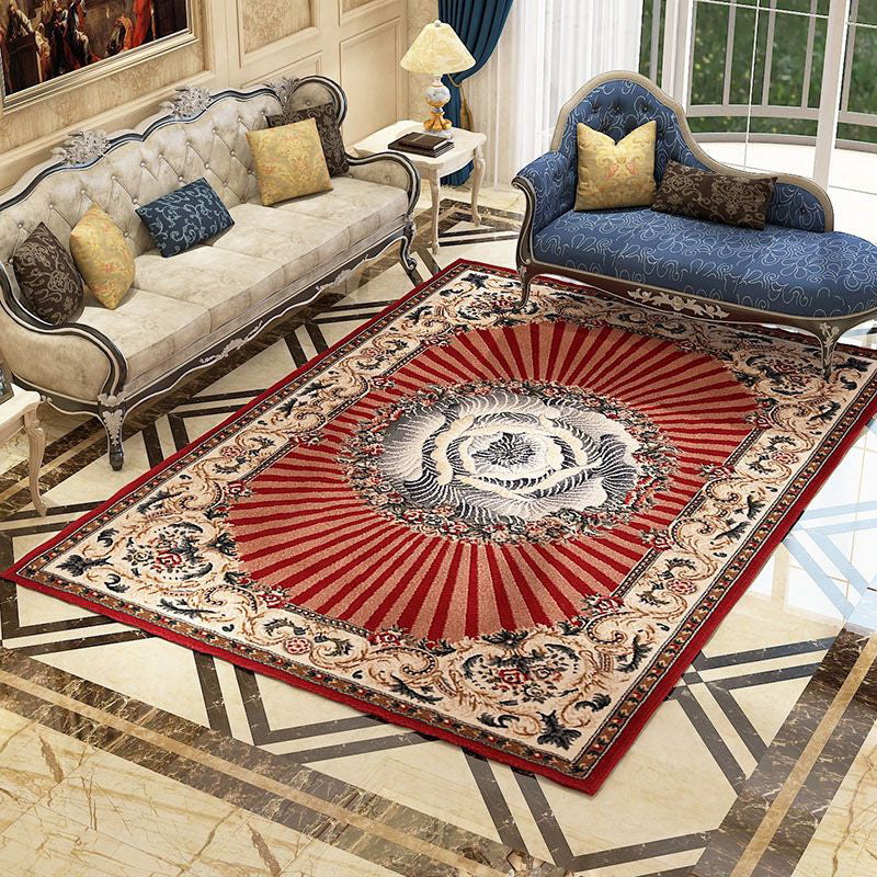 Shabby Chic Red Carpet Antique Pattern Polyester Area Rug Non-Slip Backing Rug for Home Decor