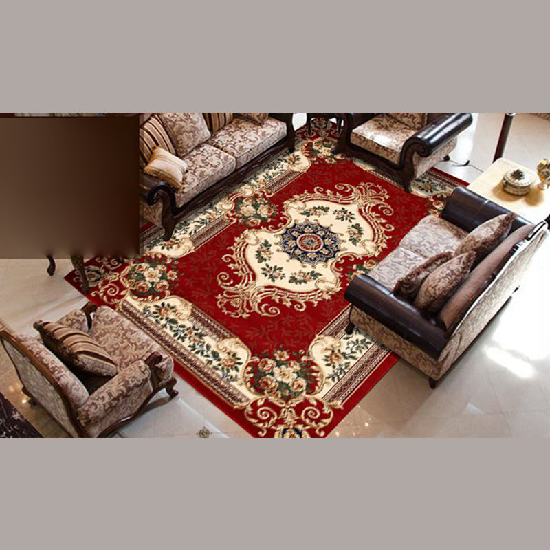 Shabby Chic Red Carpet Antique Pattern Polyester Area Rug Non-Slip Backing Rug for Home Decor