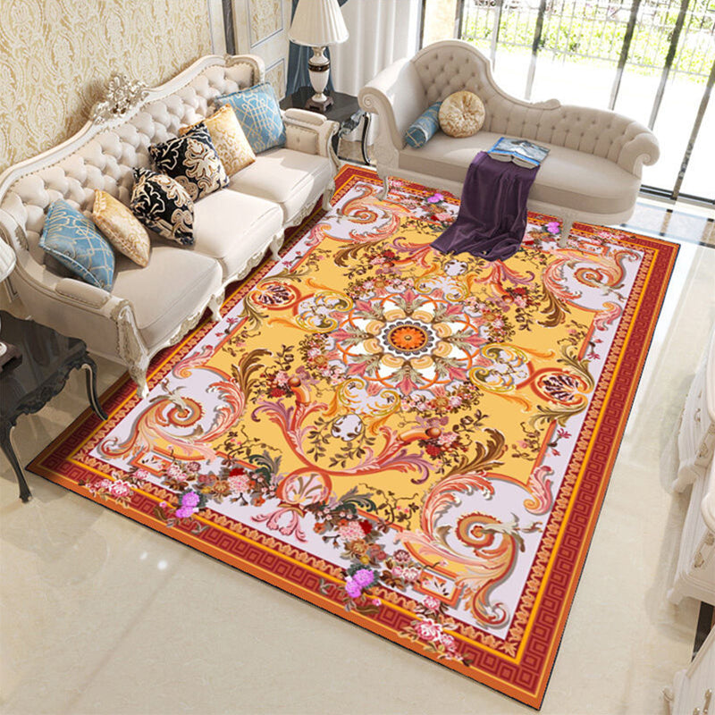 Antique Living Room Area Rug Flower Printed Polyester Carpet Stain Resistant Indoor Rug