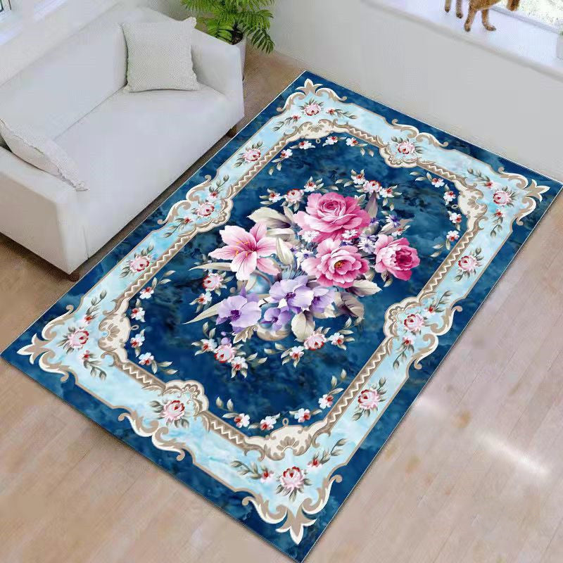 Blue Contemporary Rug Polyester Medallion Indoor Carpet Non-Split Area Rug for Living Room