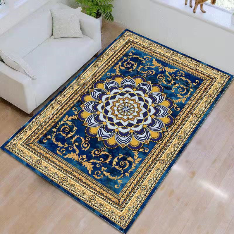 Blue Contemporary Rug Polyester Medallion Indoor Carpet Non-Split Area Rug for Living Room