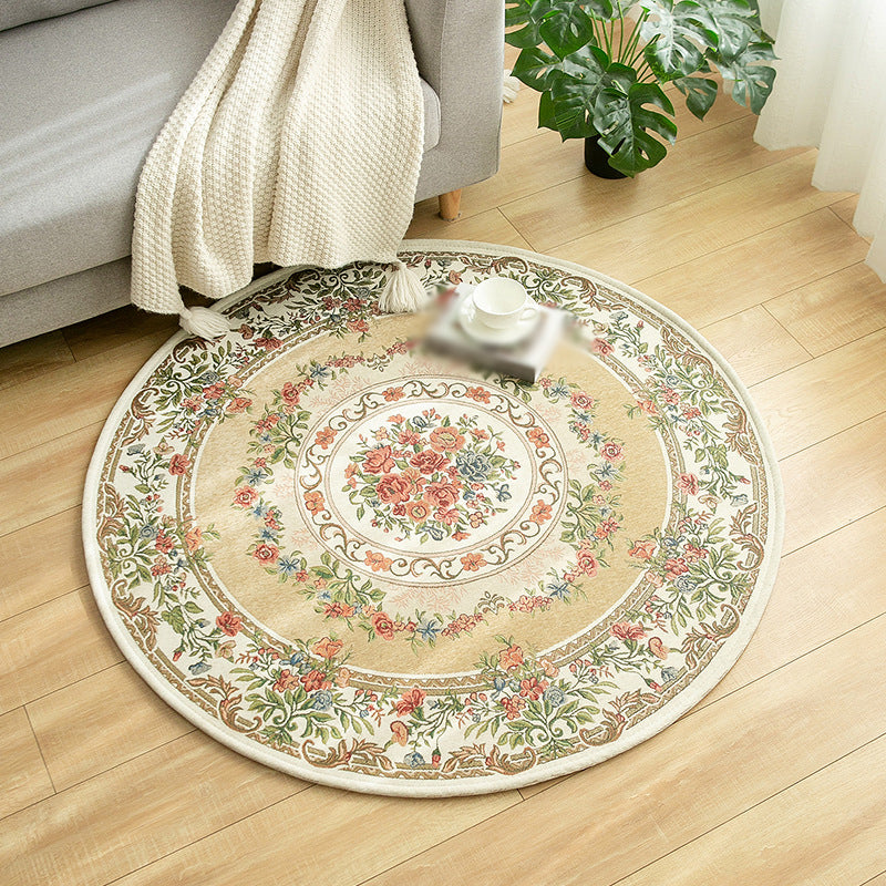 Round Classic Rug Antique Floral Design Area Rug Polyester Anti-Slip Backing Carpet for Home Decor