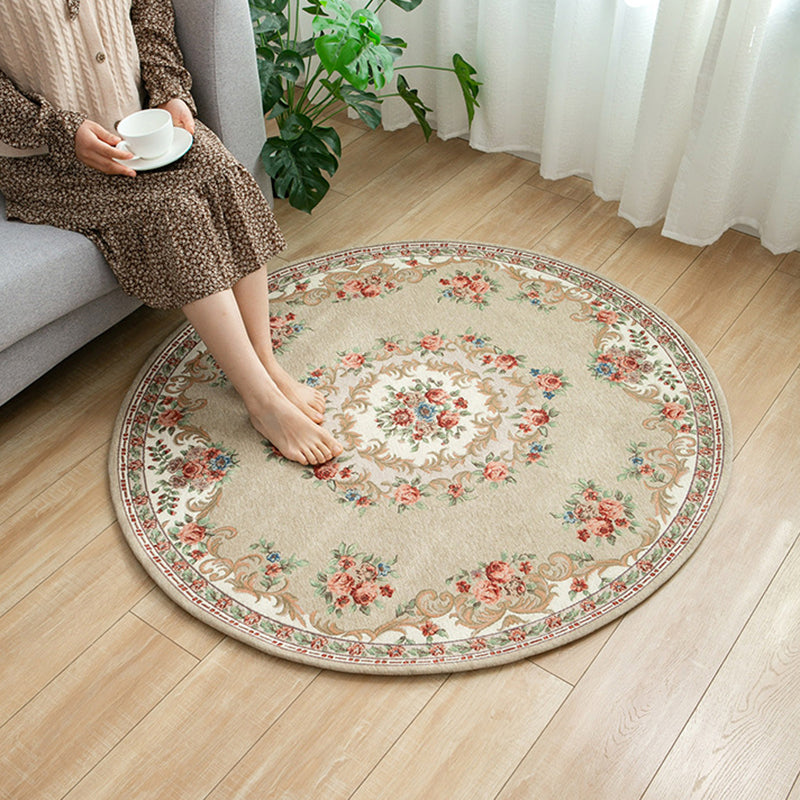 Round Classic Rug Antique Floral Design Area Rug Polyester Anti-Slip Backing Carpet for Home Decor