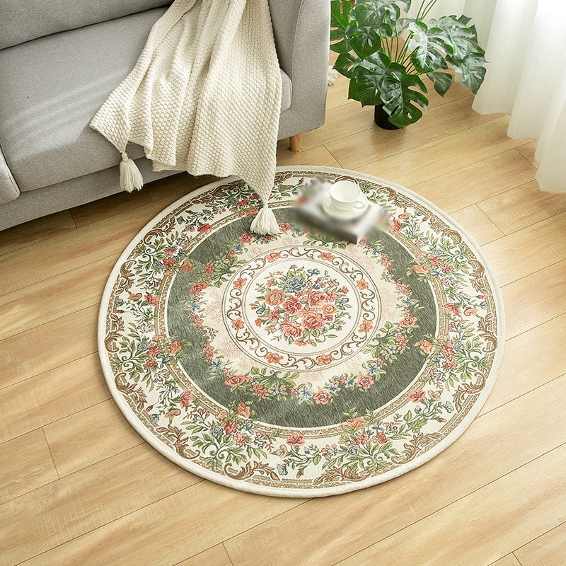 Round Classic Rug Antique Floral Design Area Rug Polyester Anti-Slip Backing Carpet for Home Decor