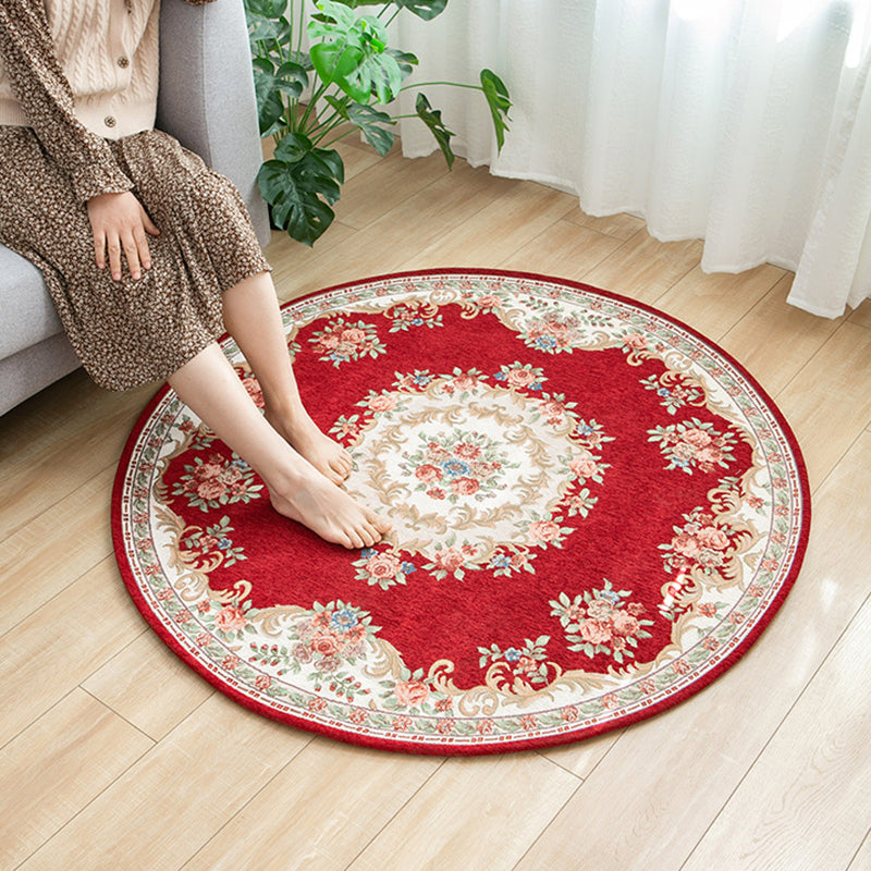 Round Classic Rug Antique Floral Design Area Rug Polyester Anti-Slip Backing Carpet for Home Decor