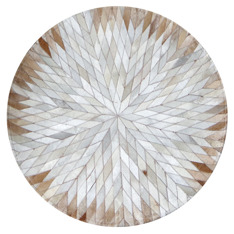Brown Tone Geometric Print Carpet Cowhide Splicing Carpet Washable Round Rug for Living Room