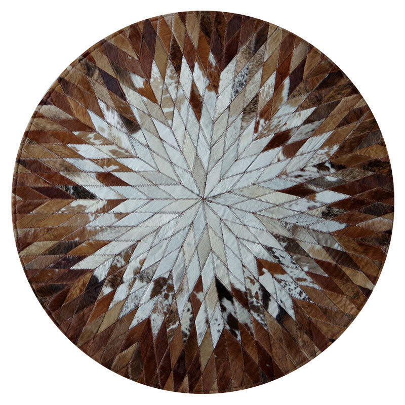 Brown Tone Geometric Print Carpet Cowhide Splicing Carpet Washable Round Rug for Living Room