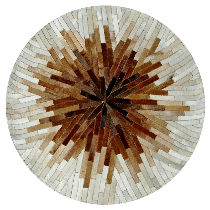 Brown Tone Geometric Print Carpet Cowhide Splicing Carpet Washable Round Rug for Living Room