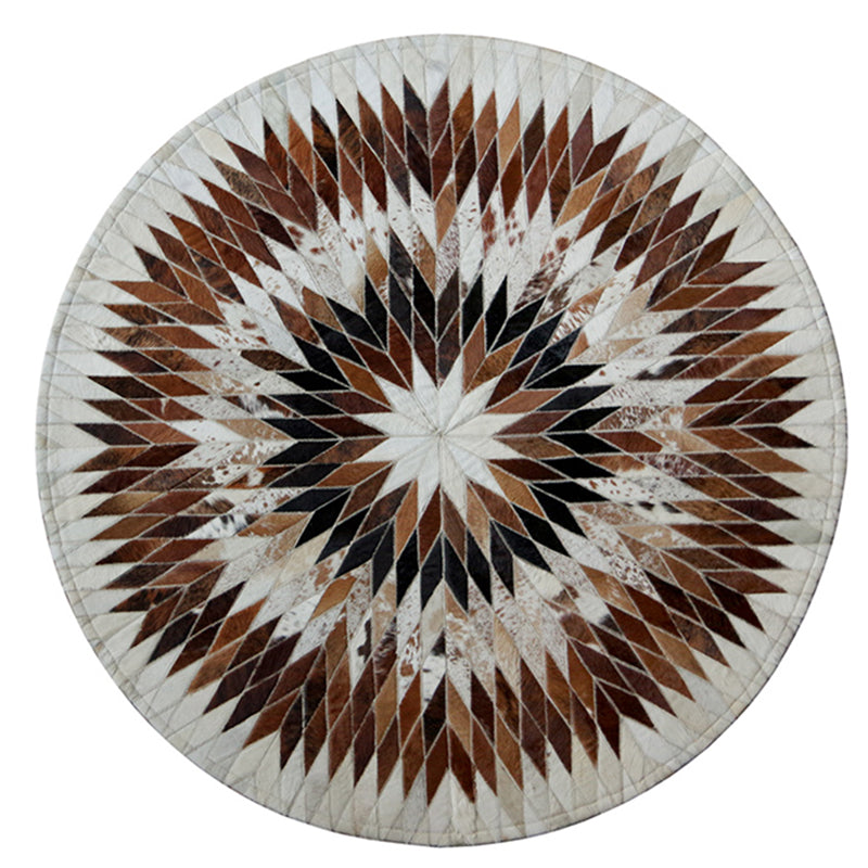 Brown Tone Geometric Print Carpet Cowhide Splicing Carpet Washable Round Rug for Living Room