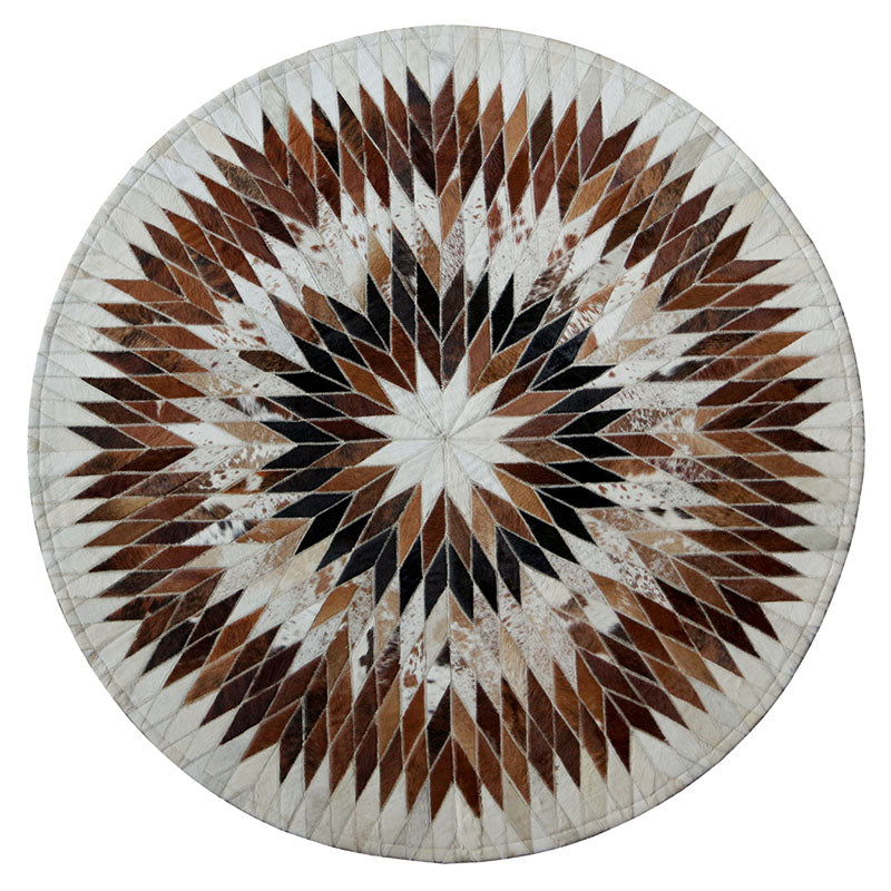 Brown Tone Geometric Print Carpet Cowhide Splicing Carpet Washable Round Rug for Living Room