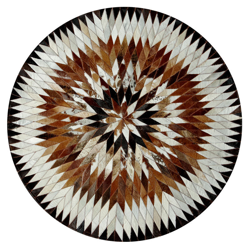 Brown Tone Geometric Print Carpet Cowhide Splicing Carpet Washable Round Rug for Living Room