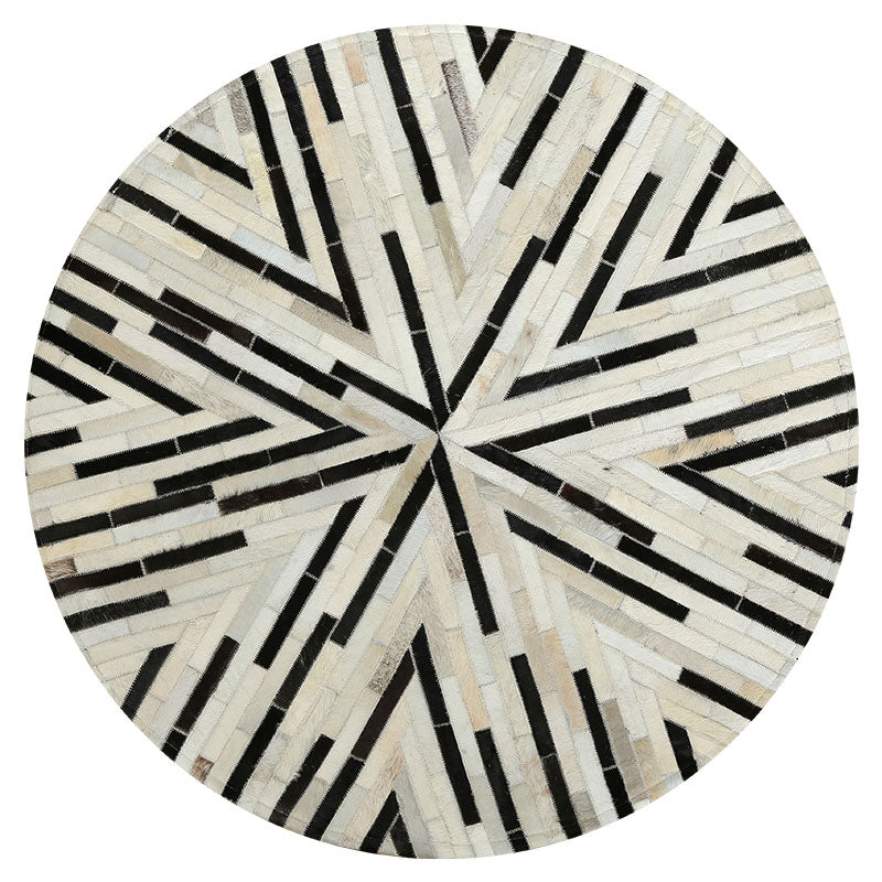Brown Tone Geometric Print Carpet Cowhide Splicing Carpet Washable Round Rug for Living Room