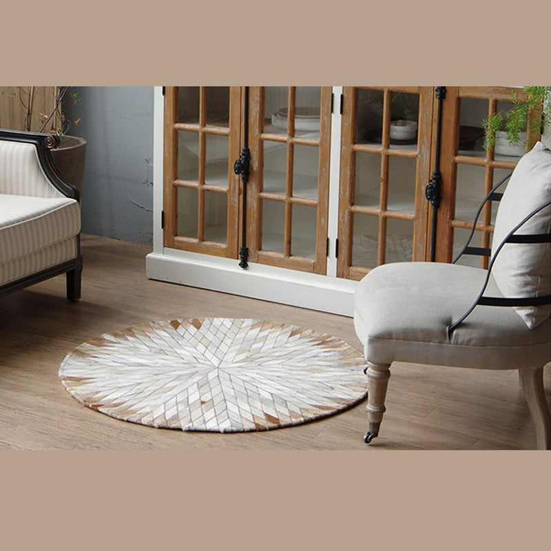 Brown Tone Geometric Print Carpet Cowhide Splicing Carpet Washable Round Rug for Living Room
