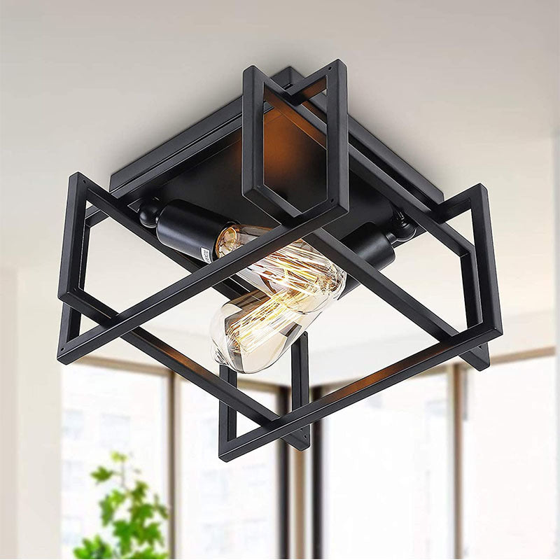 Industrial Style Open Bulb Design Ceiling Light Black Wrought Iron Flush Mount Lamp for Bedroom