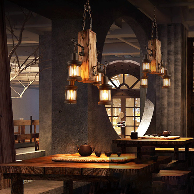 Wood Shaded Pendant Light Fixture Retro Restaurant Chandelier Light Fixture in Distressed Wood