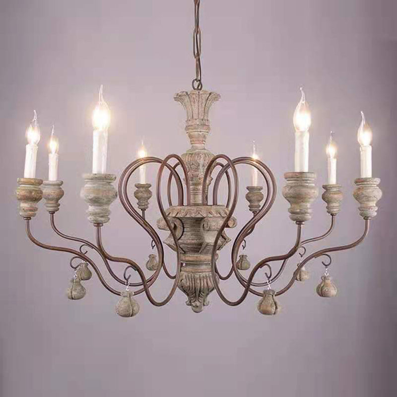Grey Candle Pendant Lighting Antique Style Wooden Dining Room Chandelier