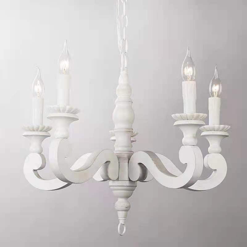 Ceiling Chandelier French Country Candle Wooden Pendant Lighting in White