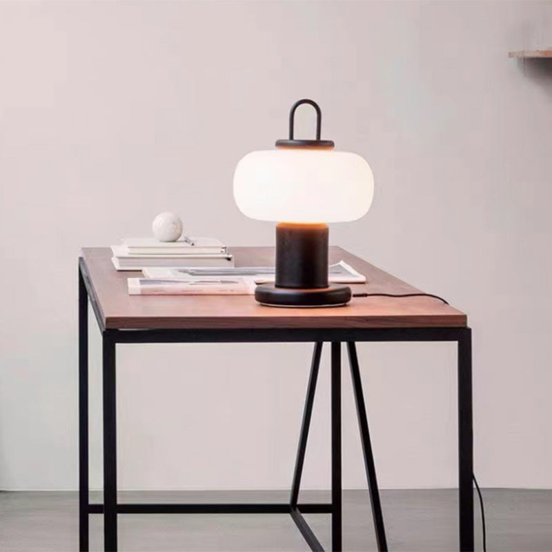 Black Lantern Table Lamp Postmodern 1-Light Ivory Glass Nightstand Light