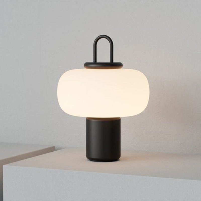 Black Lantern Table Lamp Postmodern 1-Light Ivory Glass Nightstand Light
