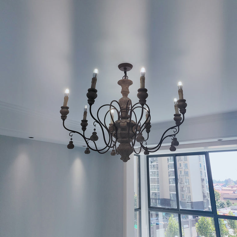 Grey Candle Pendant Lighting Antique Style Wooden Dining Room Chandelier