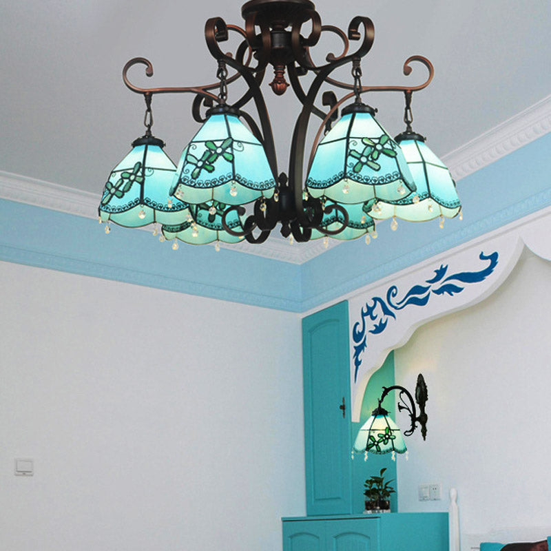 Flower Hanging Chandelier Baroque Hand Cut Glass 6 Lights Blue/Textured Silver Ceiling Lamp for Living Room