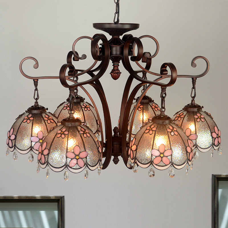 Flower Hanging Chandelier Baroque Hand Cut Glass 6 Lights Blue/Textured Silver Ceiling Lamp for Living Room