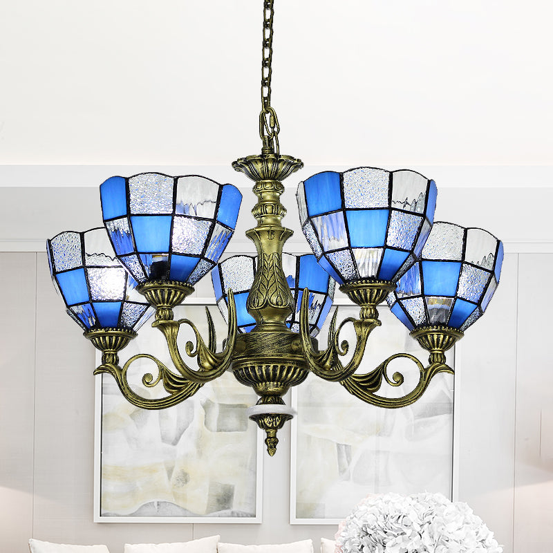 Domed Chandelier 5/9/11 Lights Blue/Textured White Glass Baroque Ceiling Pendant Light in Bronze for Bedroom