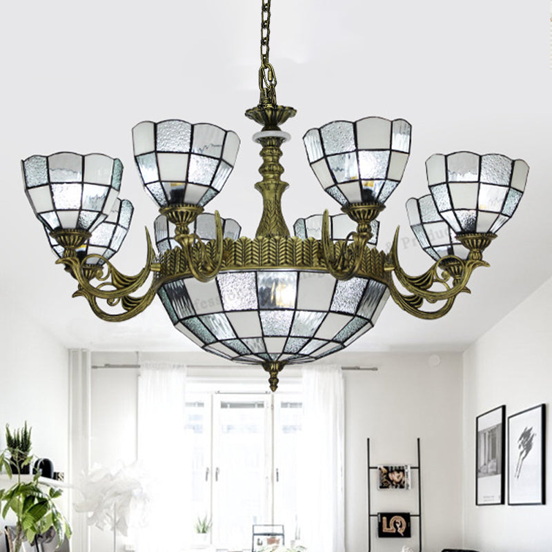 Domed Chandelier 5/9/11 Lights Blue/Textured White Glass Baroque Ceiling Pendant Light in Bronze for Bedroom