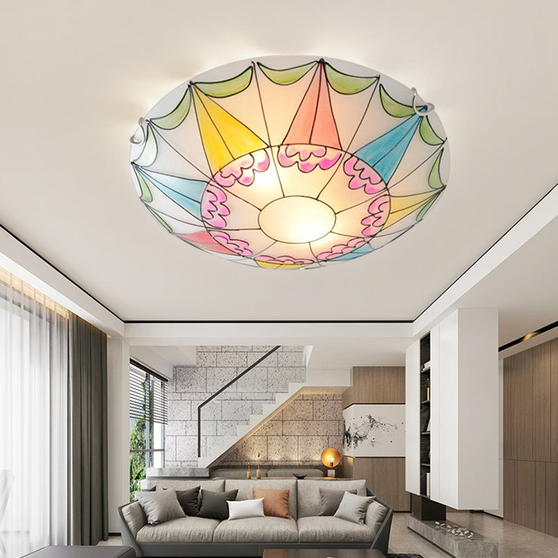 16"/19.5" Wide Domed Flush Light Fixture Mediterranean Pink Stained Glass 3/4 Lights Ceiling Lighting for Bedroom