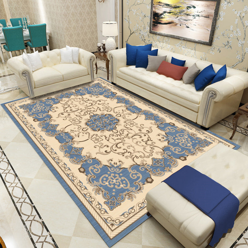 European Living Room Carpet Floral Print Rug Polyester Washable Carpet with Non-Slip Backing