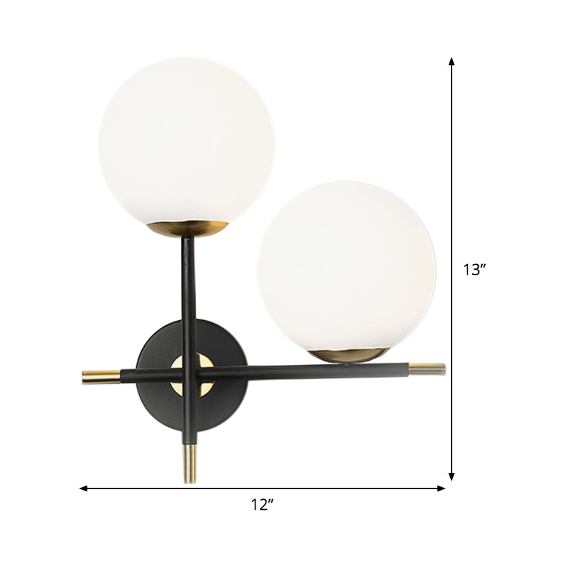 Contemporary 2 Bulbs Sconce Black Globe Wall Mounted Light Fixture with Milky Glass Shade