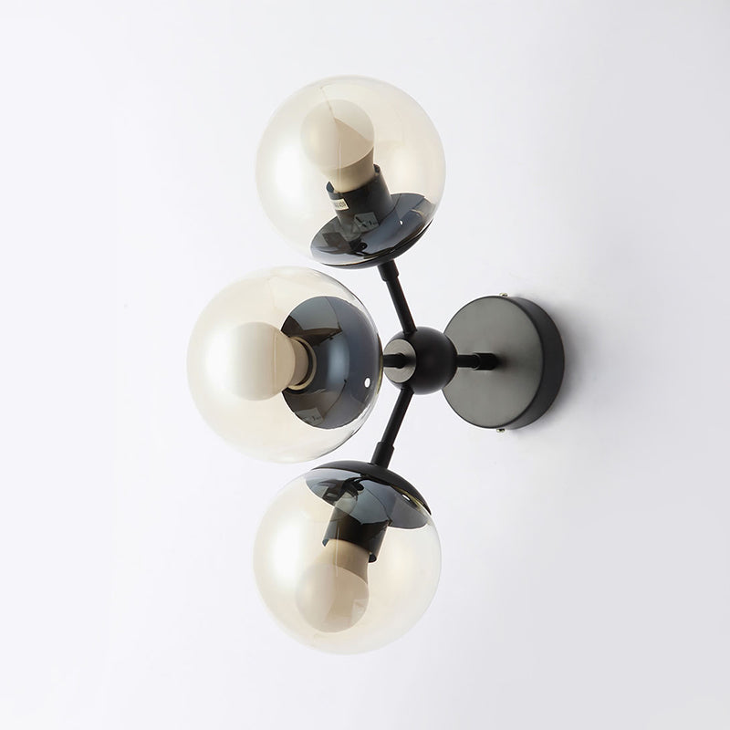 3 Bulbs Spherical Vanity Light Modern Clear Glass Wall Mounted Lighting in Black for Bathroom