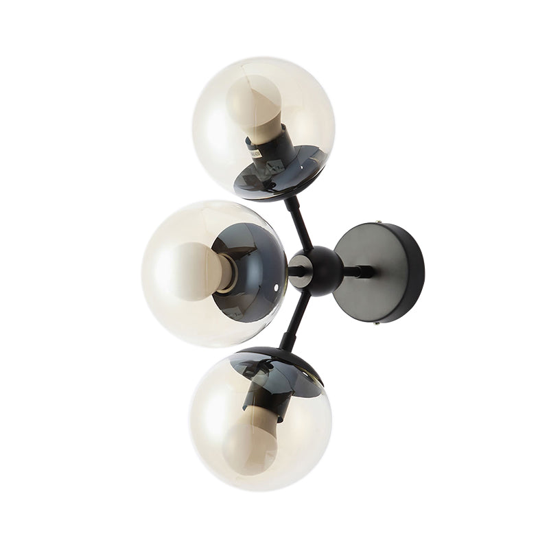 3 Bulbs Spherical Vanity Light Modern Clear Glass Wall Mounted Lighting in Black for Bathroom