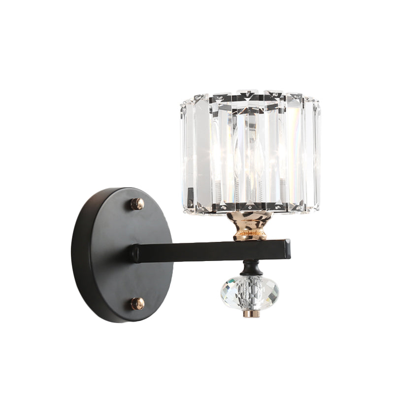 Drum Sconce Light Contemporary Clear Ribbed Glass 1 Head Wall Mounted Lamp in Black